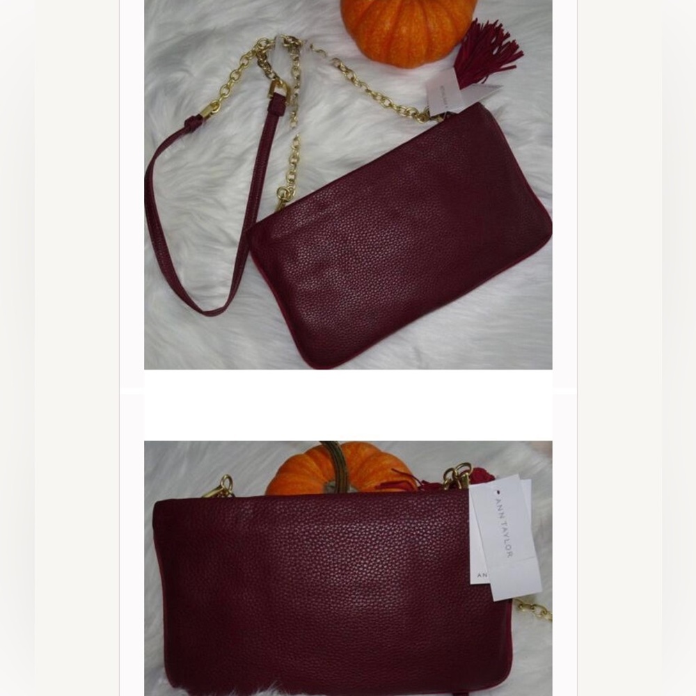 Ann Taylor Pebble Wine Leather Crossbody/Clutch/ Pouch Bag With Tassel
